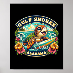 Gulf Shores Alabyma Cute Sea Turtle Surfing Poster