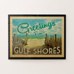 Gulf Shores Beach Vintage Travel Jigsaw Puzzle<br><div class="desc">This Greetings From Gulf Shores vintage postcard design features a sandy beach with a beautiful turquoise ocean water and above the sea,  a blue sky with billowy white clouds. In vintage travels style.</div>