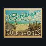 Gulf Shores Beach Vintage Travel Postcard<br><div class="desc">This Greetings From Gulf Shores vintage postcard design features a sandy beach with a beautiful turquoise ocean water and above the sea,  a blue sky with billowy white clouds. In vintage travels style.</div>