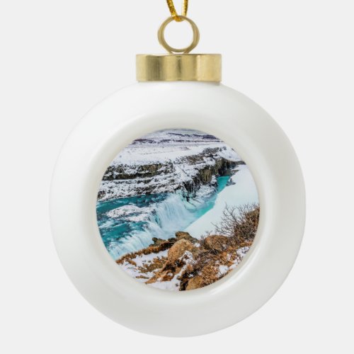 Gulfoss Iceland Waterfall in Winter Ceramic Ball Christmas Ornament
