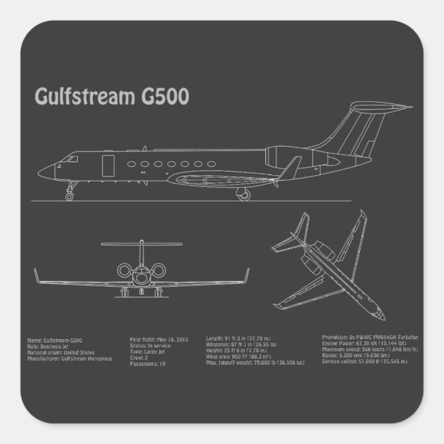 Gulfstream G500 - Airplane Blueprint Plans PD Square Sticker (Front)