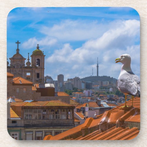 Gull Birds Eye View Rooftops of Portugal Beverage Coaster