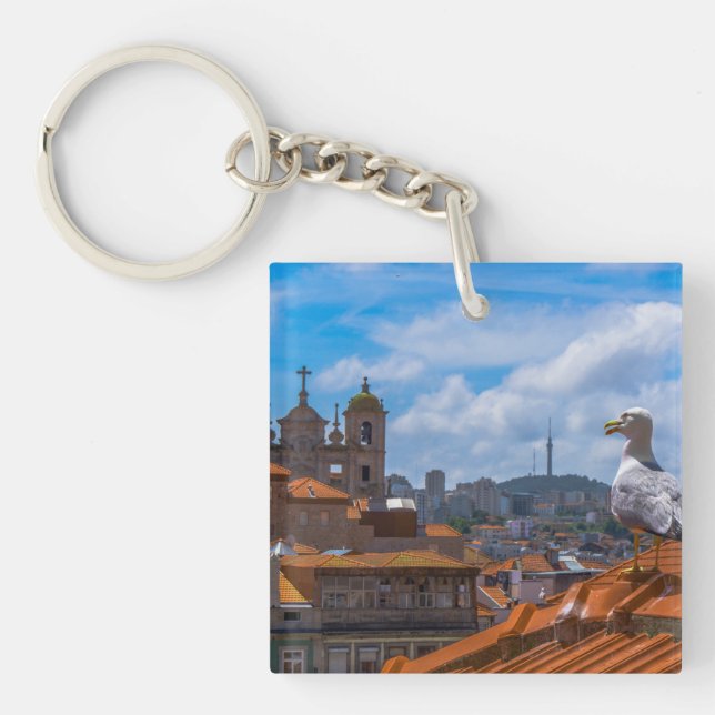 Gull Birds Eye View Rooftops of Portugal Keychain (Front)