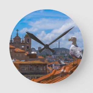 Gull Birds Eye View Rooftops of Portugal Round Clock
