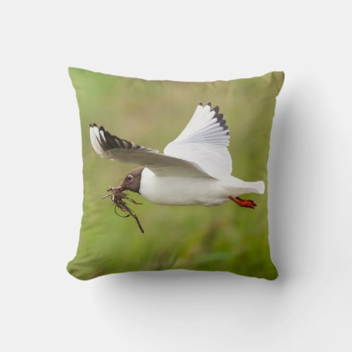 Gull flying with nesting material throw pillow