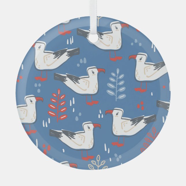 Gull walking: vintage seamless pattern. glass ornament (Front)