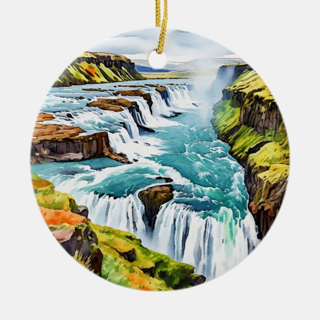 Gullfoss Iceland Watercolor Ceramic Ornament (Front)
