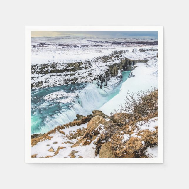 Gullfoss Iceland Waterfall Winter Landscape Snowy Napkins (Front)
