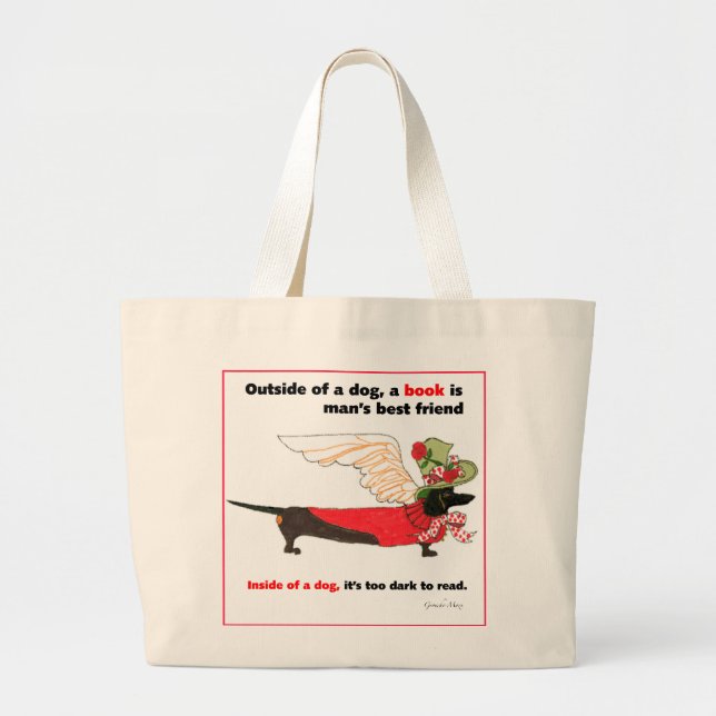 Gulliver's Black Dachshund Book Angel Large Tote Bag (Front)