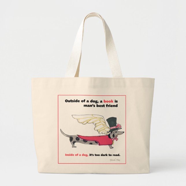 Gulliver's Dapple Doxie Book Angel Large Tote Bag (Front)