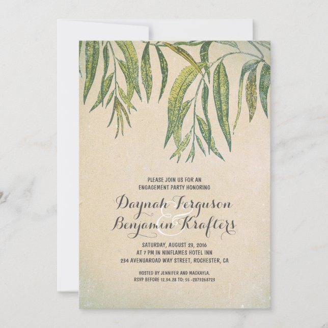 Gum tree leaves elegant vintage engagement party invitation (Front)