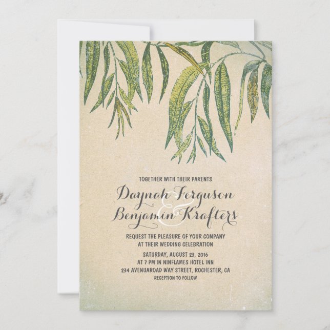 Gum tree leaves elegant vintage wedding invites (Front)