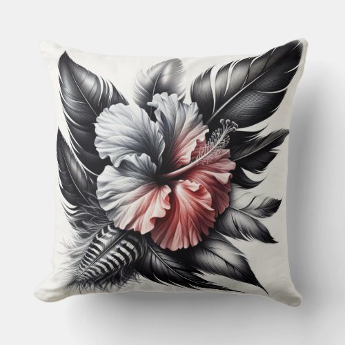Gumamela in Black with Red Accent  Exotic Feathers Throw Pillow