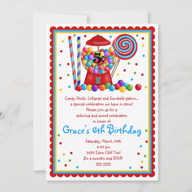 Gumball Machine Candy Lollipop sweet Invitation (Front)