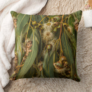 Gumnut Baby Fairies peeking behind gum leaves Throw Pillow