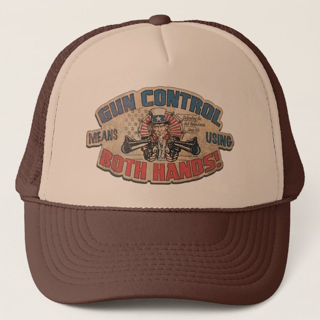 Gun Control Means Two Hands Retro Trucker Hat (Front)