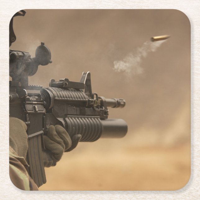 Gun Ejecting Shell Square Paper Coaster (Front)