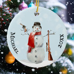 Gun Lover Shooting Shooter Snowman Ceramic Ornament<br><div class="desc">This design may be personalized in the area provided by changing the photo and/or text. Or it can be customized by clicking Personalize this Template and then choosing the click to customize further option and delete or change the color of the background, add text, change the text color or style,...</div>