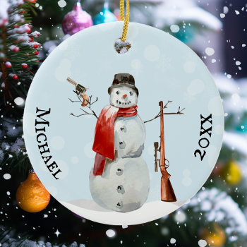 Gun Lover Shooting Shooter Snowman Ceramic Ornament by ColorFlowCreations at Zazzle