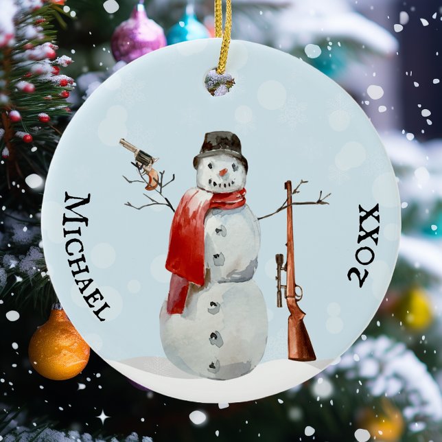Gun Lover Shooting Shooter Snowman Ceramic Ornament (Creator Uploaded)