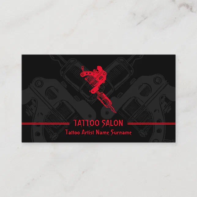 Gun Minimalist Modern Black Red Tattoo Business Card | Zazzle
