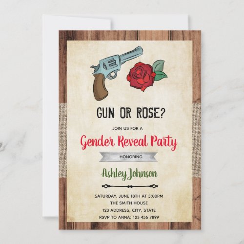Gun or rose gender reveal invitation