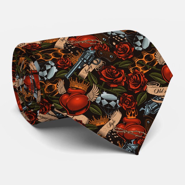 Gun Skull and Roses Graffiti pattern    Neck Tie (Rolled)