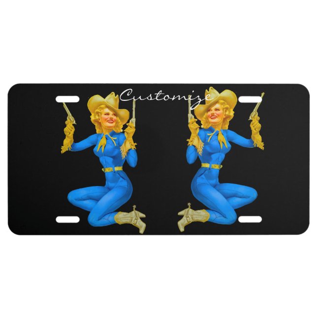 Gun-toting Pin-up Cowgirl Thunder_Cove License Plate (Front)