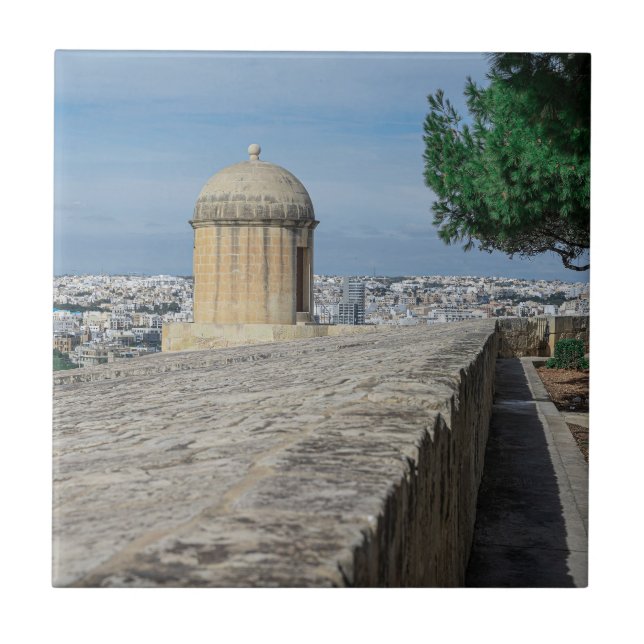 Gun turret on old city walls in Valletta, Malta Ceramic Tile (Front)
