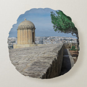 Gun turret on old city walls in Valletta, Malta Round Pillow