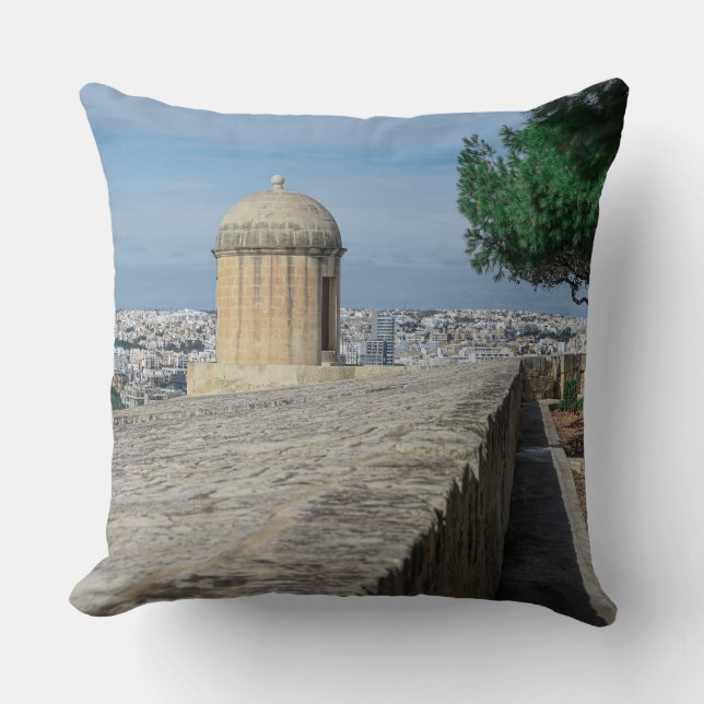 Gun turret on old city walls in Valletta, Malta Throw Pillow (Front)