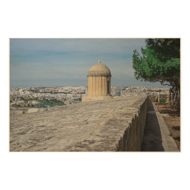 Gun turret on old city walls in Valletta, Malta Wood Wall Art (Front)