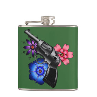 gun with flowers hip flask