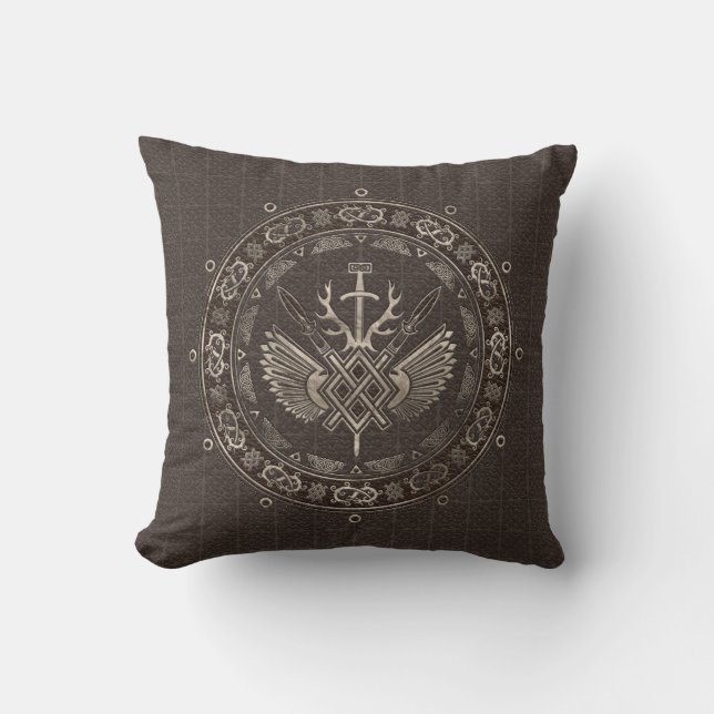 Gungnir - Spear of Odin Brown Leather and gold Throw Pillow (Front)