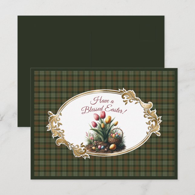 Gunn Weathered Scottish Tartan Easter Tulips Holiday Postcard (Front/Back)