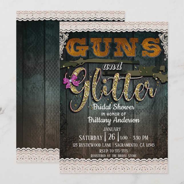 GUNS AND GLITTER Wood Lace Rustic Bridal Shower Invitation (Front/Back)