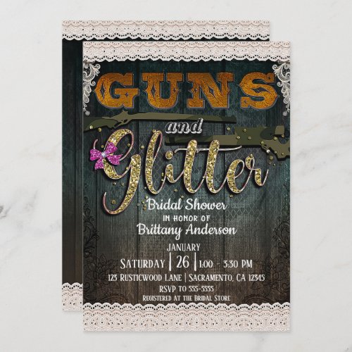 GUNS AND GLITTER Wood Lace Rustic Bridal Shower Invitation