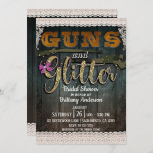 GUNS AND GLITTER Wood Lace Rustic Bridal Shower Invitation