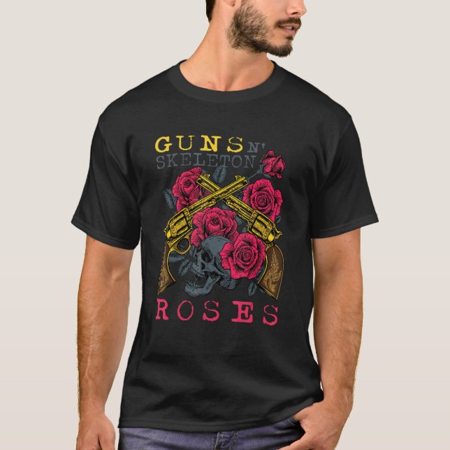 Guns N' Skeleton Halloween Roses T-Shirt (Front)