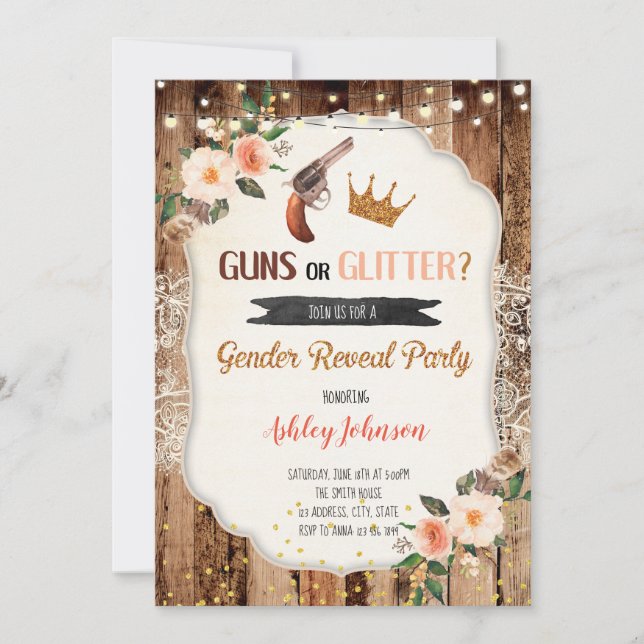 Guns or Glitter gender reveal card invitation (Front)