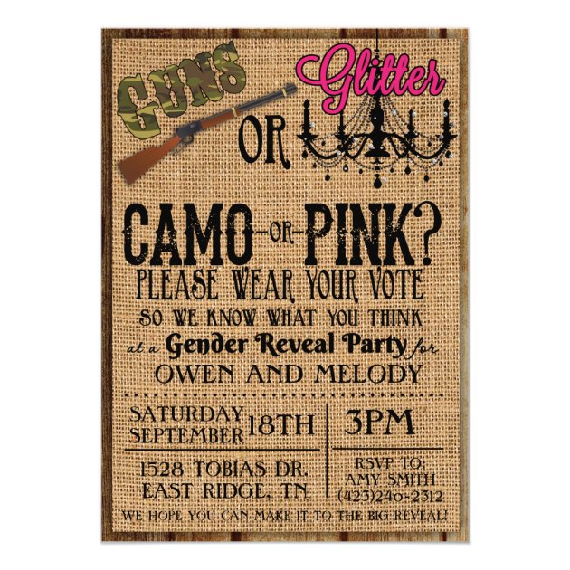 Guns Or Glitter Gender Reveal Invitation - 5 X 7