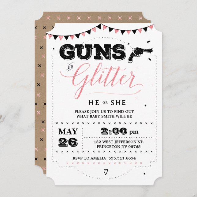 Guns or Glitter Gender Reveal invitations (Front/Back)