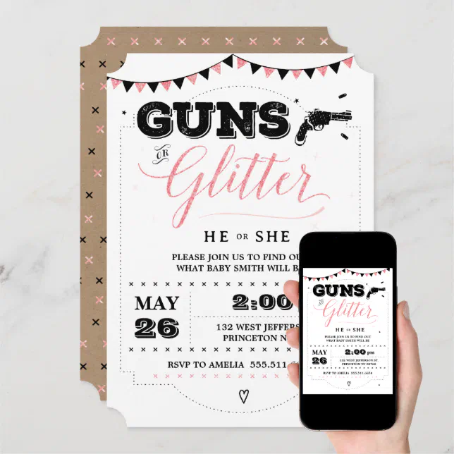 Guns or Glitter Gender Reveal invitations Zazzle