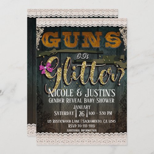 GUNS OR GLITTER Wood Lace Gender Reveal Shower Invitation