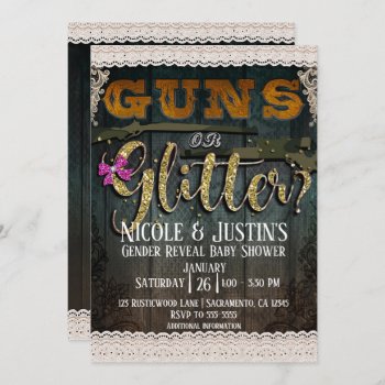 Guns Or Glitter Wood Lace Gender Reveal Shower Invitation by printabledigidesigns at Zazzle