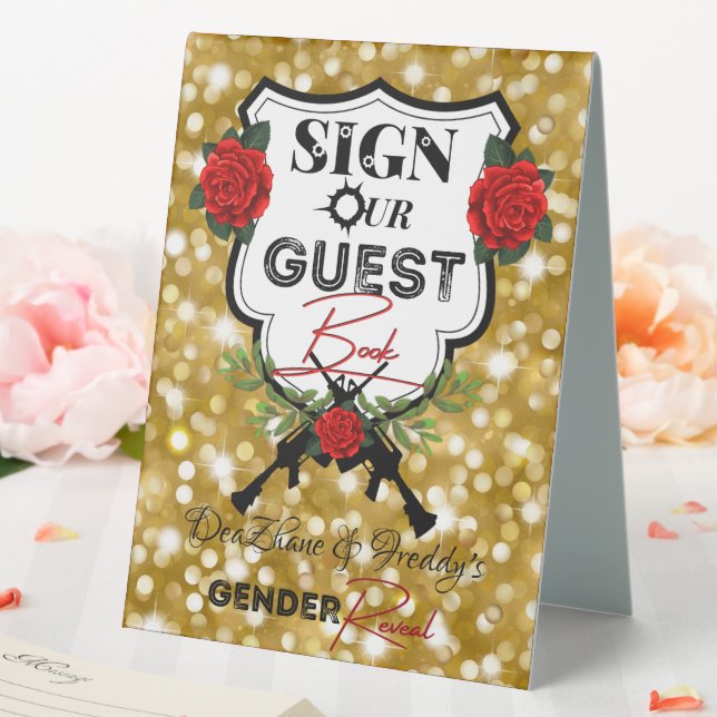 Guns or Roses Gender Reveal Baby Shower Guestbook  Table Tent (In SItu (Wedding))