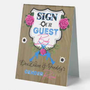 Guns or Roses Gender Reveal Baby Shower Guestbook Table Tent