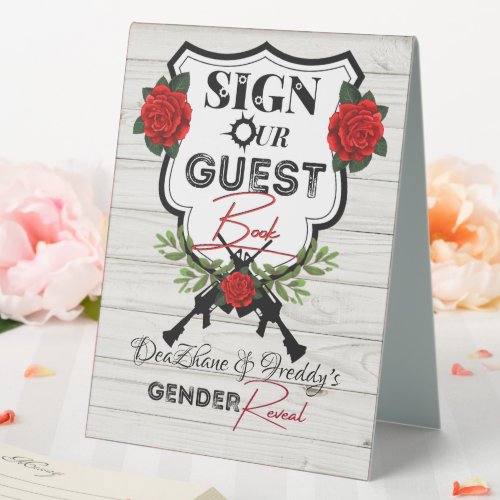 Guns or Roses Gender Reveal Baby Shower Guestbook Table Tent Sign