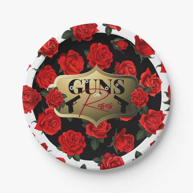 Guns or Roses Gender Reveal Baby Shower Paper Plates (Front)