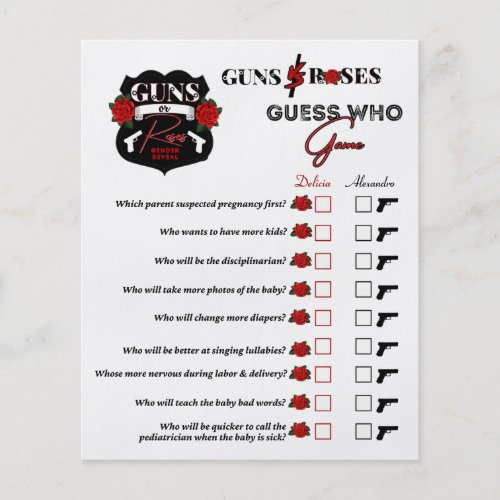 Guns or Roses Gender Reveal Baby Shower Photo Game Flyer